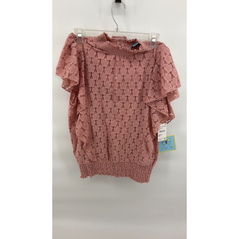 CeCe Pink Lace Blouse M NWT Mock Neck Ruffle Flutter Sleeve Smocked Waist Top